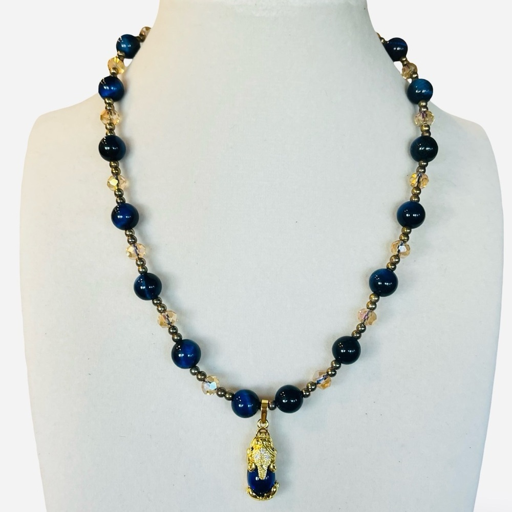 Navy Blue and Gold Austrian Crystal Asian Charm Necklace